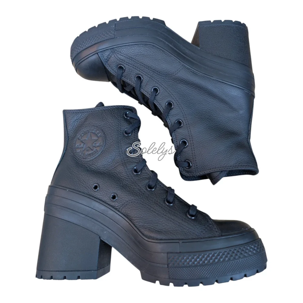 Converse Chuck 70 De Luxe Heel Leather Black Monochrome Sneaker Boot Womens 9 - Picture 1 of 10